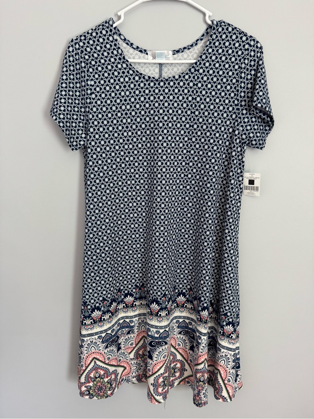 just be Navy and White Midi Dress with Pink Paisley Border